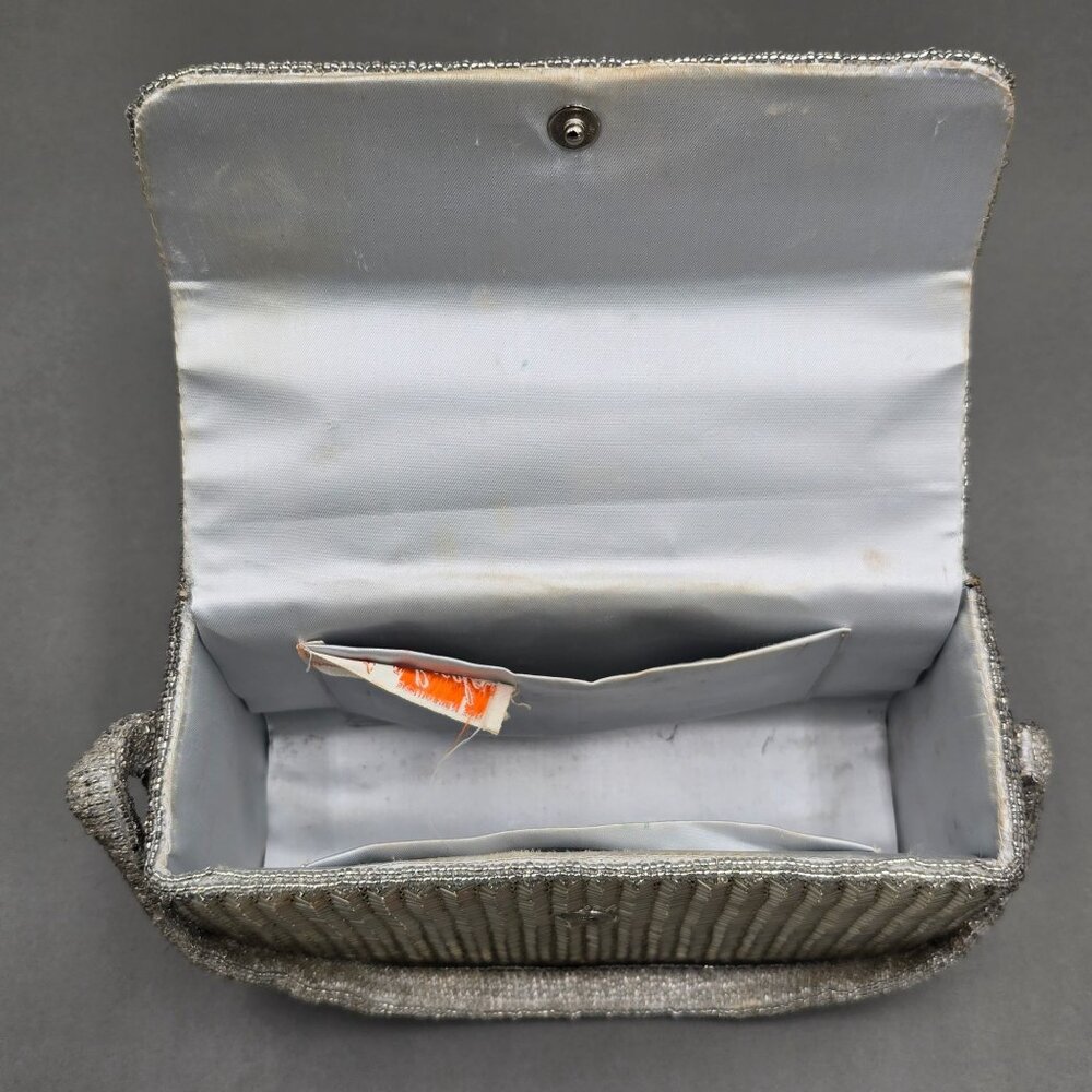 VTG Silver Beaded Herringbone Evening Bag Top Handle 50s La Regale READ - Picture 9 of 15